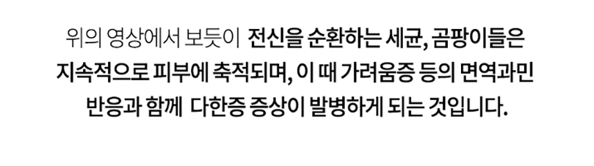 전신을 순환하는 세균, 곰팡이들을 지속적으로 피부에 축적되며, 이 때 가려움증 등의 면역과민 반응과 함께 다한증 증상이 발병하게 되는 것입니다.