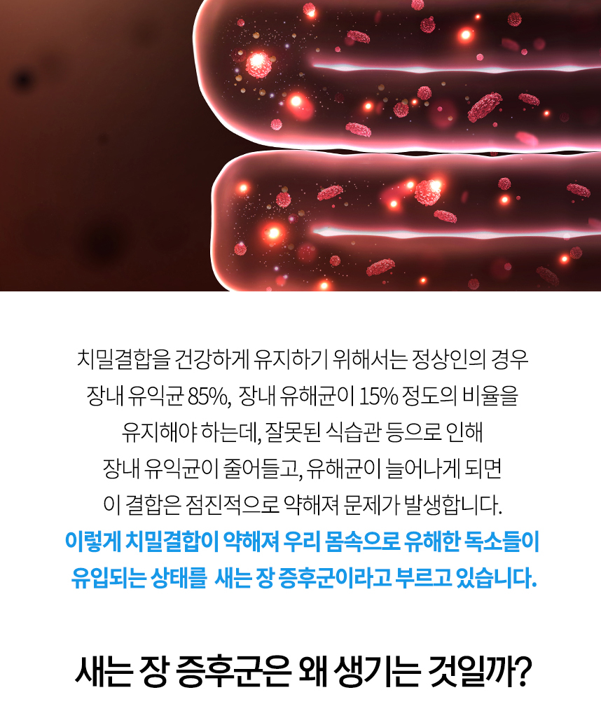 장내 유익균 85%, 장내 유해균 15% 정도의 비율을 유지해야 하는데, 잘못된 식습관 등으로 인해 장내 유익균이 줄어들고, 유해균이 늘어나게 되면 치밀결합이 약해서 문제가 발생합니다. 이런 경우를 새는 장 증후군이라고 부르고 있습니다. 새는 장 증후군은 왜 생기는 것일까?