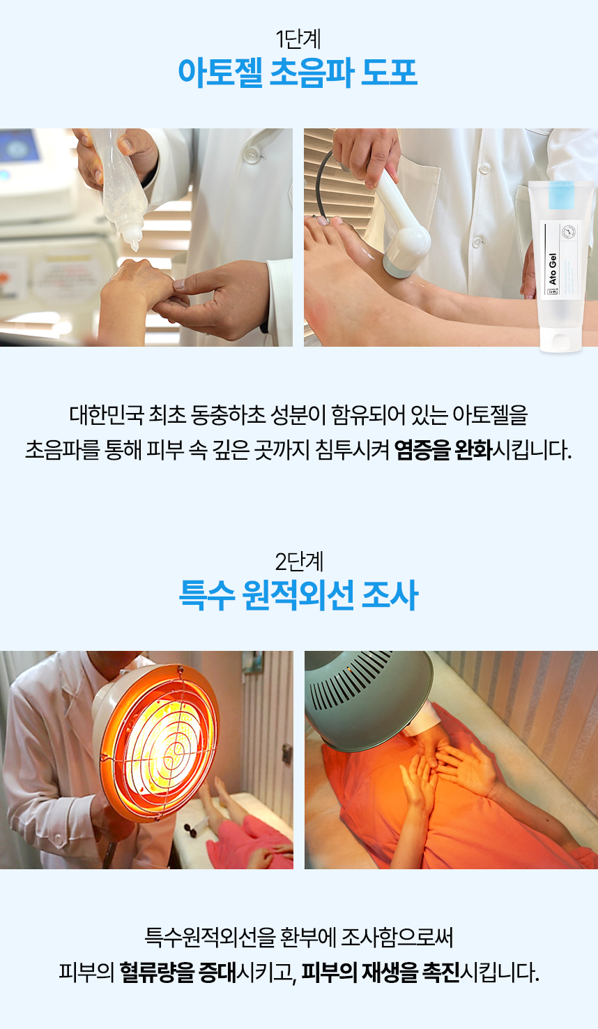 1단계 아토젤 초음파 도포, 2단계 특수 원적외선 조사