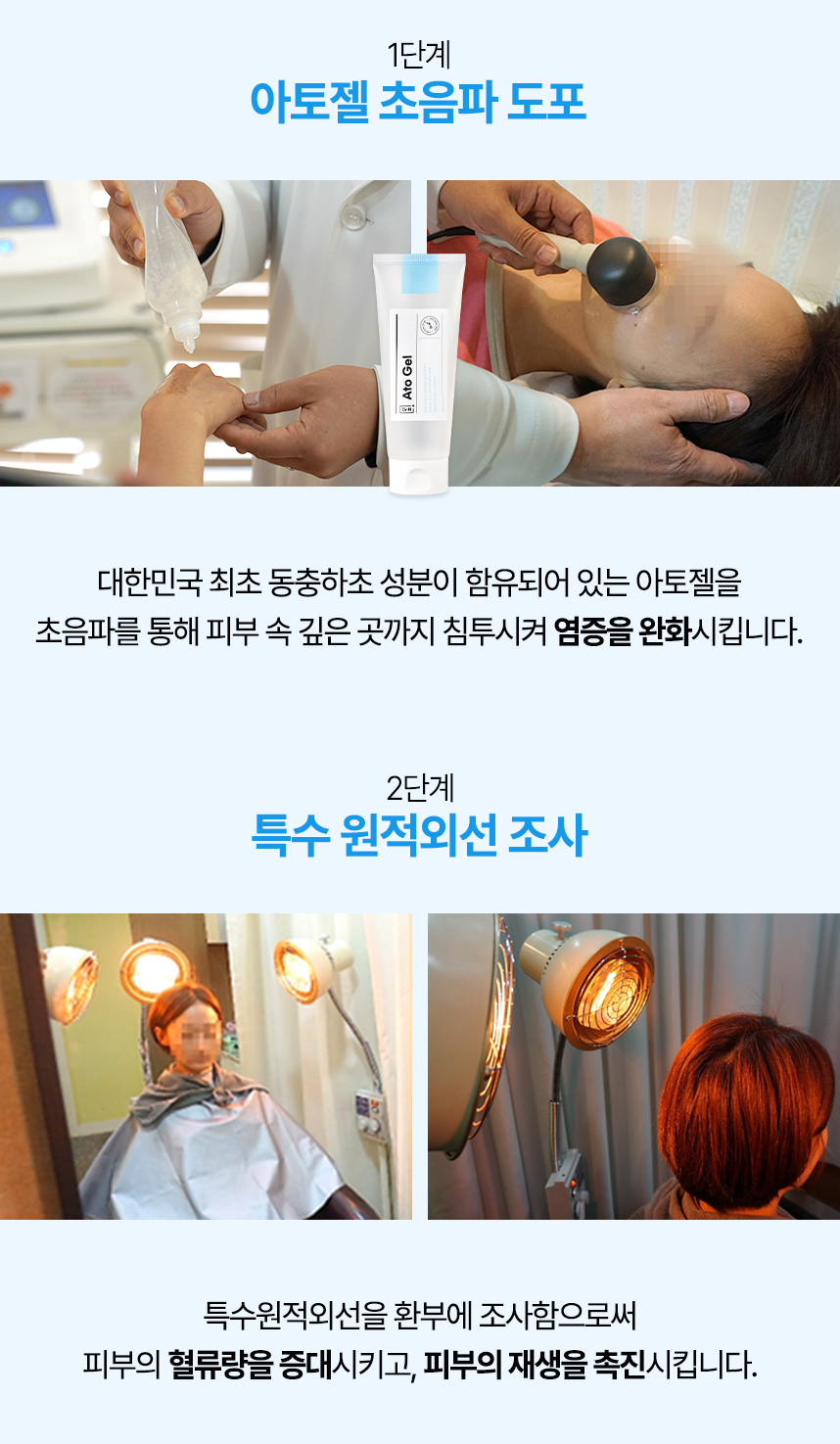 1단계 아토젤 초음파 도포, 2단계 특수 원적외선 조사