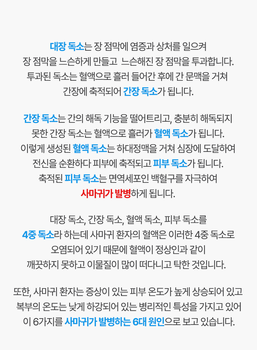 대장독소는 장점막에 염증과 상처를 일으켜 장점막을 느슨하게 만들고 투과합니다. 이는 혈액으로 흘러 들어가 간 문맥을 거쳐 간장에 축적되어 간장 독소가 됩니다. 간장독소는 간의 해옥 기능을 떨어트리고 혈액으로 흘러가 혈액독소가 됩니다. 혈액독소는 전신을 순환하다 피부에 축적되고 피부 독소가 되고 이는 백혈구를 자극하여 사마귀가 발병하게 됩니다. 이러한 독소를 4중독소라 하는데 사마귀 환자는 4중독소로 오염되어 있어 혈액에 이물질이 많고 탁한 것입니다.