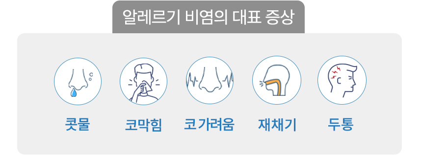 알레르기 비염의 대표 증상 : 콧물, 코막힘, 코 가려움, 재채기, 두통