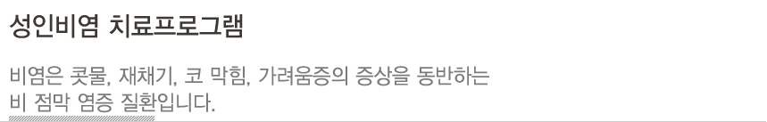성인비염 치료프로그램 : 비염은 콧물, 재채기, 코 막힘, 가려움증의 증상을 동반하는 비 점막 염증 질환입니다.