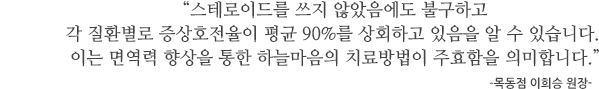 “스테로이드를 쓰지 않았음에도 불구하고 각 질환별로 증상호전율이 평균 90%를 상회하고 있음을 알 수 있습니다. 이는 면역력 향상을 통한 하늘마음의 치료방법이 주효함을 의미합니다.” –목동점 이희승 원장-